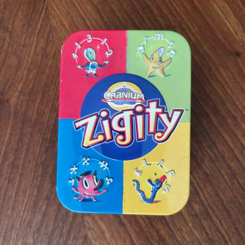 Vintage Zigity Game by Cranium Metal Card Box, Clear Cards, Instruction Manual